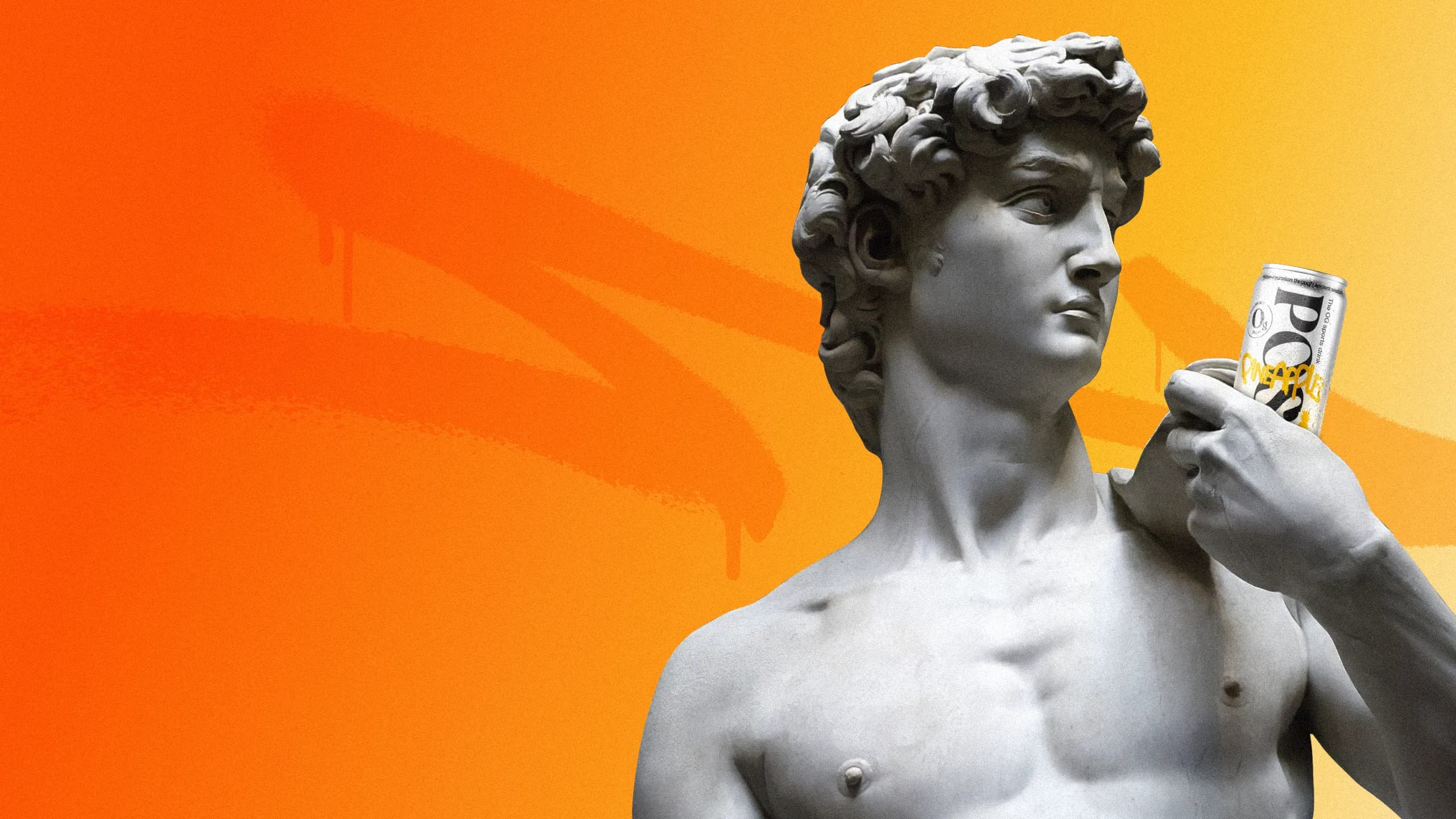 Michelangelo's David against a vivid orange field